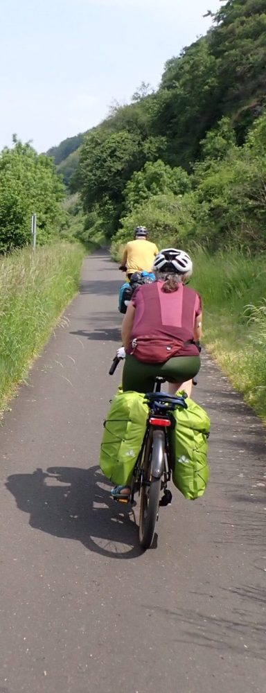 Zwei Radfahrer mit Gepäck auf dem Lahnradweg. Viel Grün und im Hintergrund sichtbar Bäume.